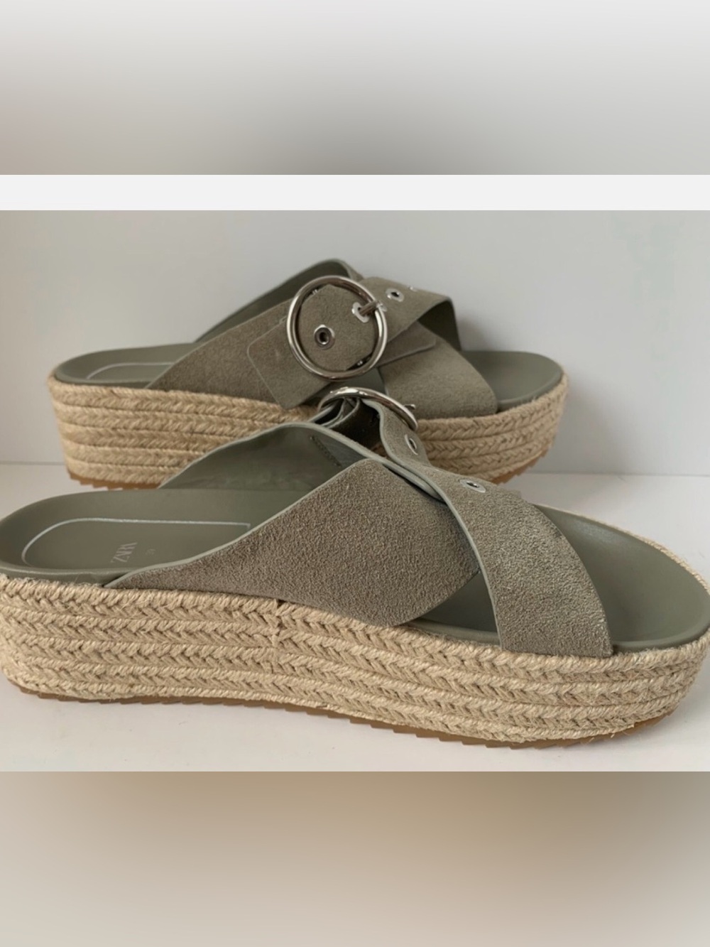 Zara Olive Suede Espadrille Platform Slide Sandals with Buckle